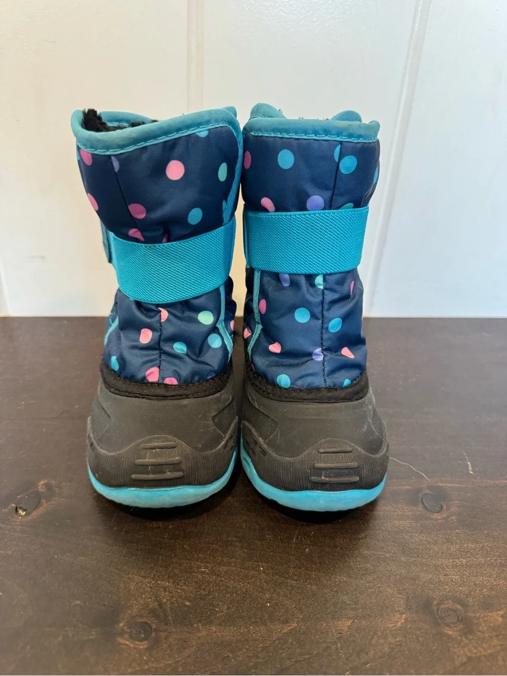 Kamik Kids Navy Snow Boots with Teal Trim and Multicolor Polka Dots